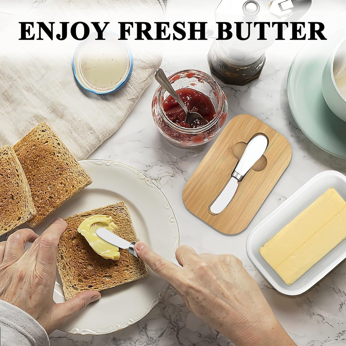 Ceramic Butter Dish with Wooden Lid.