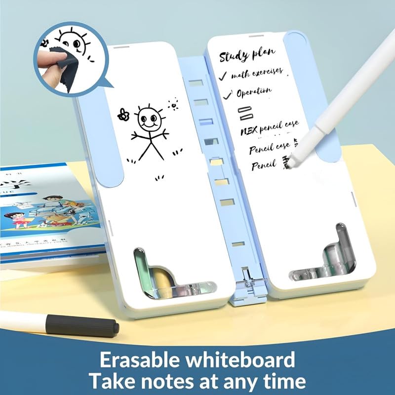 3 in 1 Pencil Case for kids (Case + Book Reading Stand + Erasable Whiteboard)