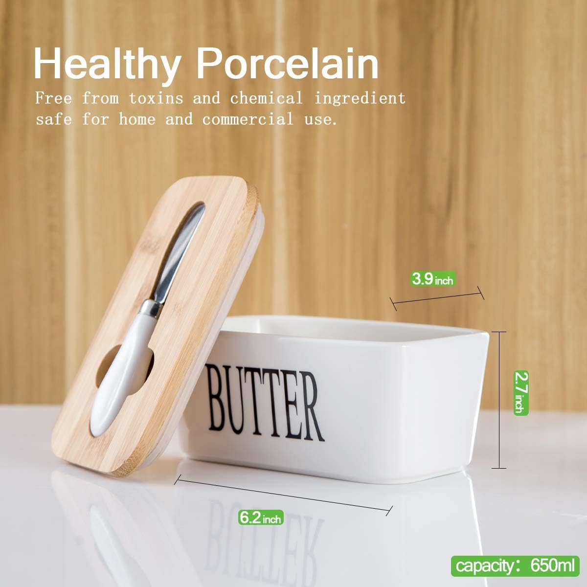 Ceramic Butter Dish with Wooden Lid.
