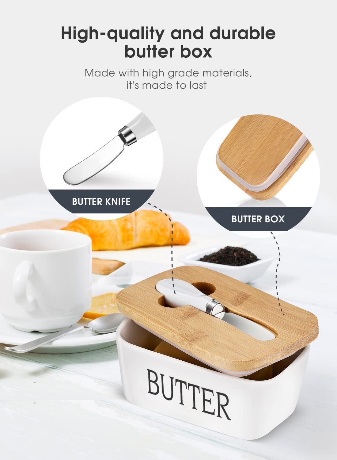 Ceramic Butter Dish with Wooden Lid.