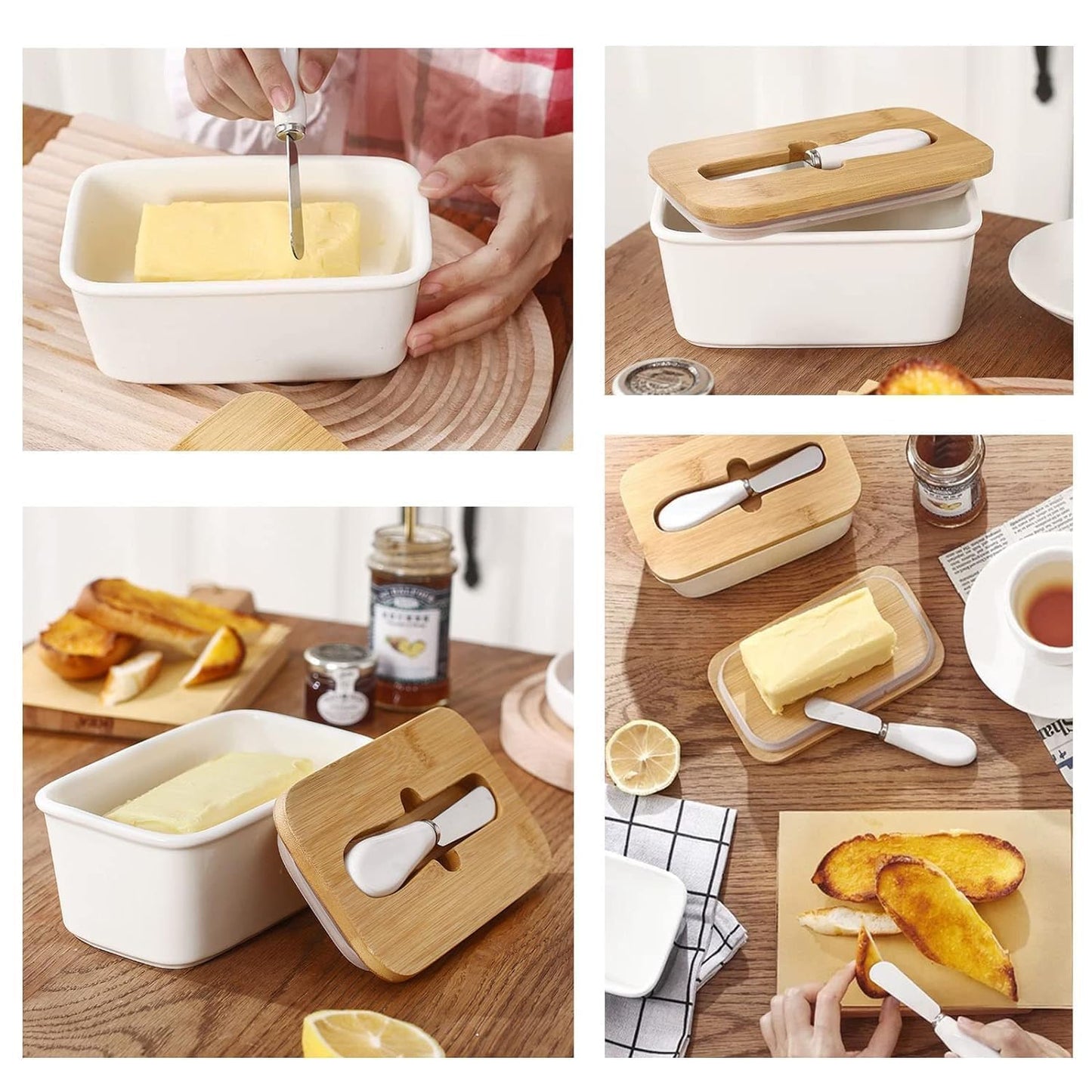 Ceramic Butter Dish with Wooden Lid.