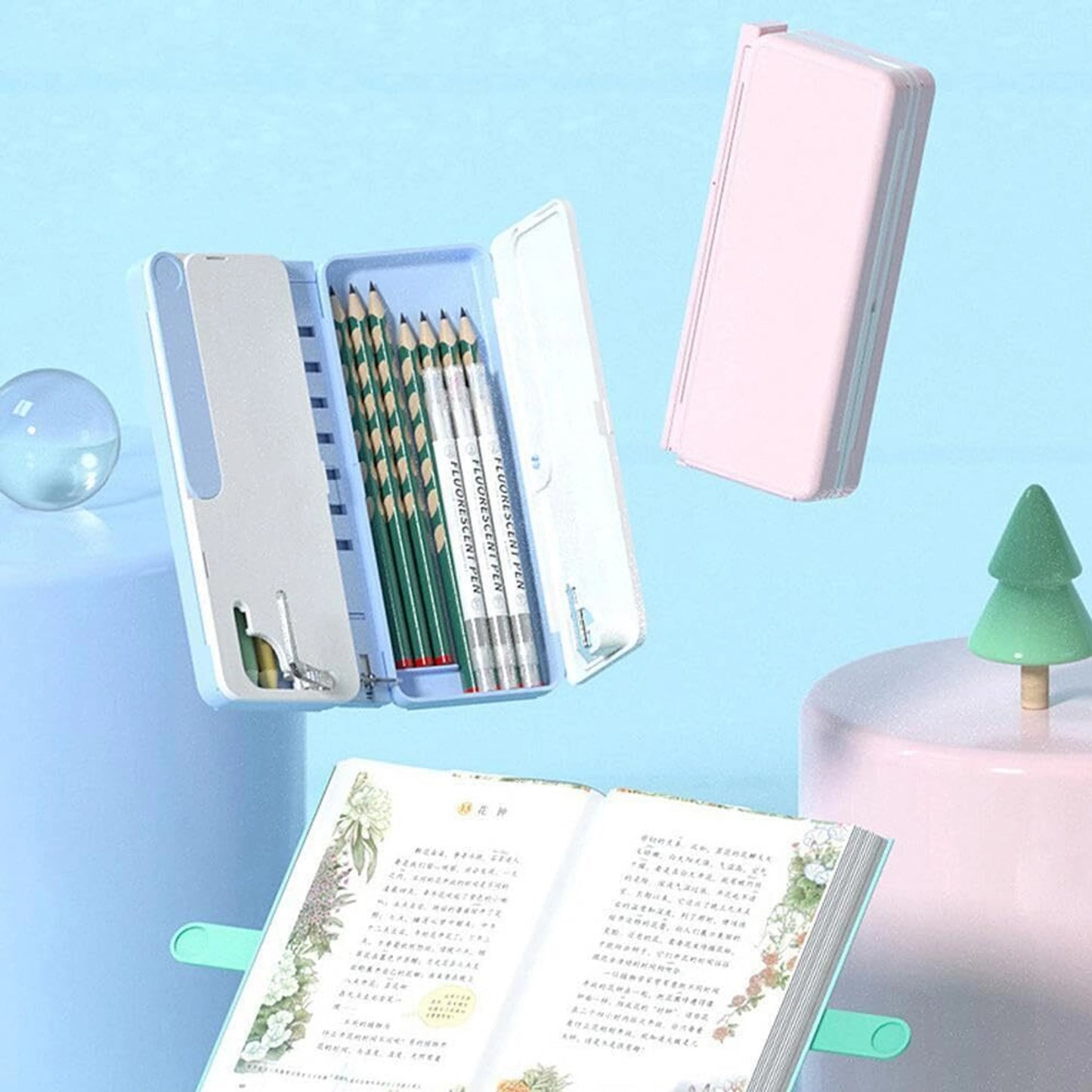 3 in 1 Pencil Case for kids (Case + Book Reading Stand + Erasable Whiteboard)