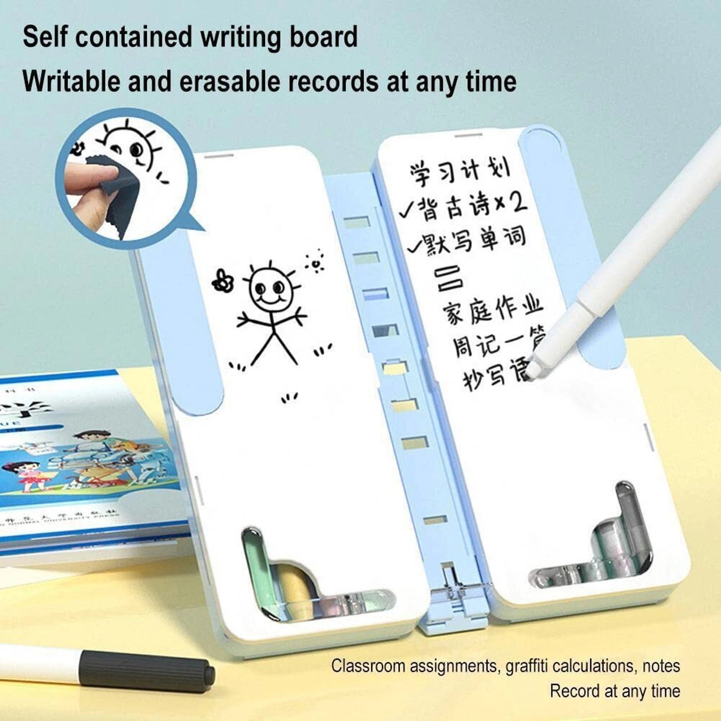 3 in 1 Pencil Case for kids (Case + Book Reading Stand + Erasable Whiteboard)